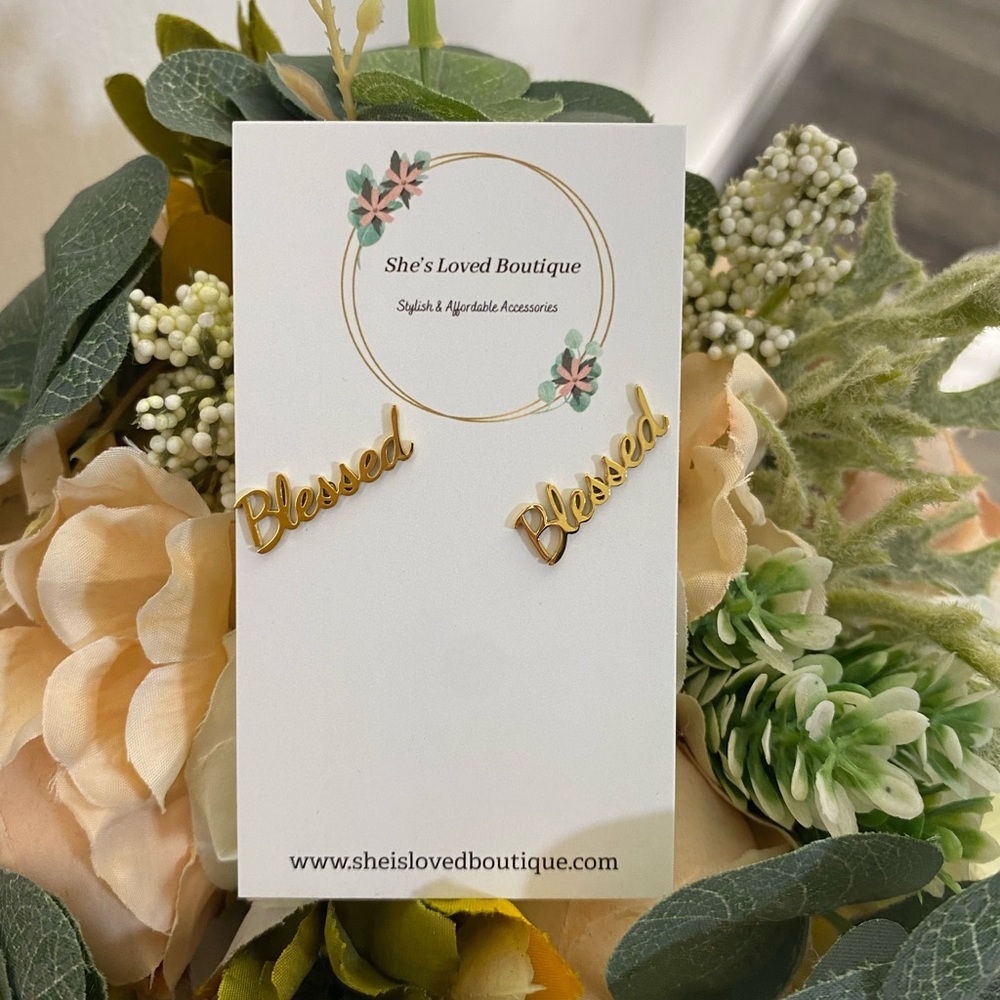 NWT 18K Gold Plated Stainless Steel Blessed Stud Earrings
